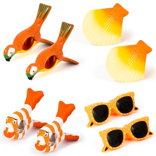 Travel Beach Towel Clips - 8P Large Size Sea Fish Sunglasses Seashells Parrot Clips for Beach Chair Pool Loungers Blanket Cruise Patio Holiday Colorful Towel Holder Pins for Family Adult Decor