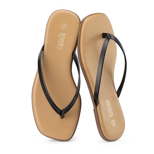 Image of Rihero Flip Flops for Women Comfortable Square Toe Beach Sandals Slip On Leather Thong Flat Sandals Dressy