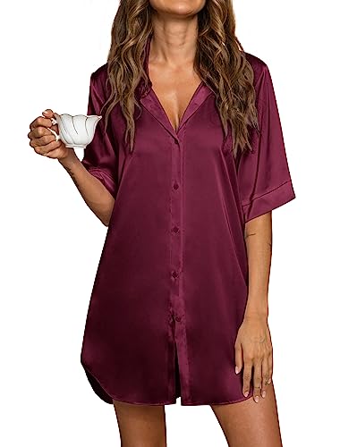 Pokwai Satin Nightgown For Women Button Down Short Sleeve Silk Sleepshirt Nightshirt Womens Nightgown(Wine Red,Xx-Large) #TOP1