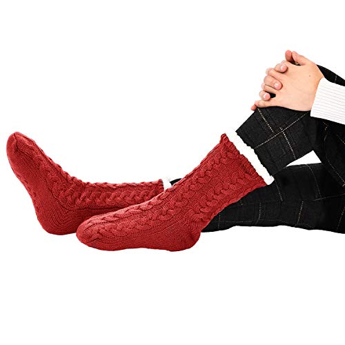 Satinior 3 Pairs Women's Warm Slipper Socks Christmas Fuzzy Socks Fleece-Lined Non Slip Slipper Socks (Blue, Grey And Red) #TOP2