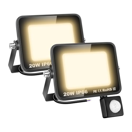 Willpower 2pcs LED Floodlight 20W 2000lm Security Lights Outdoor with Motion Sensor LED Work Light IP66 Waterproof PIR Lights Warm White 3000K Wall Light for Garden Garage Court Patio Lawn