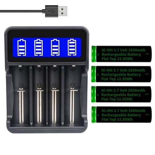 18650 Battery Charger with 4 Pack Ni-MH 3.7V 3500mAh Flat Top Rechargeable Battery, 4 Bay LCD Display Smart Universal USB Dual Battery Chargers for 18650 18500 21700 26650 14500 16340 Batteries, Boxed
