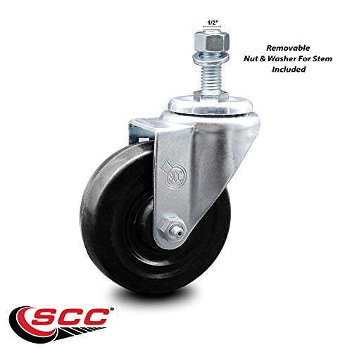 Hard Rubber Swivel Threaded Stem Caster w/4\" x 1.25\" Black Wheel and 1/2\" Stem - 300 lbs Capacity/Caster - Service Caster Brand