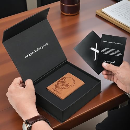 Image of The X Project Genuine Leather Wallet for Men | RFID Blocking Slim Bifold Wallet | Quick Card Eject Mechanism | Coin Pocket & ID Window | Premium Gift Box | Bold Skull Design (Tan)