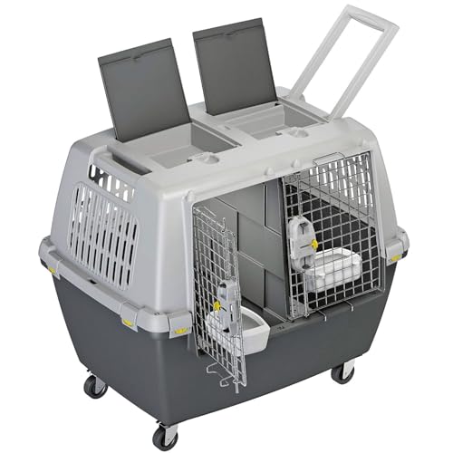 NESTQ - Transportín Rigido con Ruedas para Perro Grande portatil Transpirable de Plástico con Asas categoría IATA - Material Resistente Medidas 80 × 62 × 60 cm Color Gris