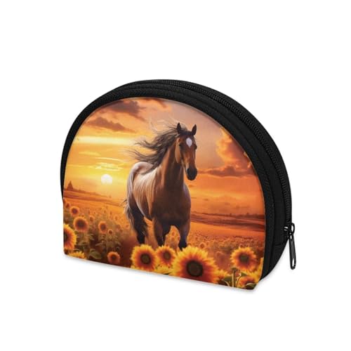 Dolyues Horse Sunset Coin Purse Pouch for Women Sunflower Print Change Pouch Card Holder Small Coin Bag Zipper Pocket Mini Change Wallets