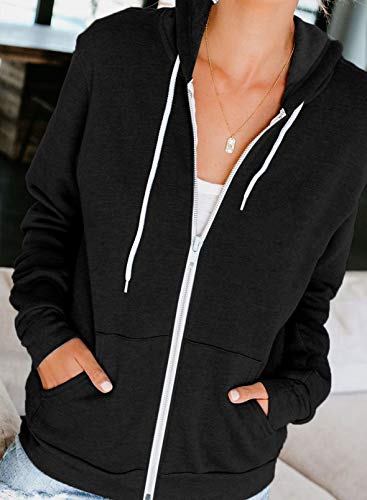 Acelitt Women Ladies Fashion Fall Long Sleeve Full Zipper Hooded Sweatshirts Hoodies Solid Black Large #TOP2