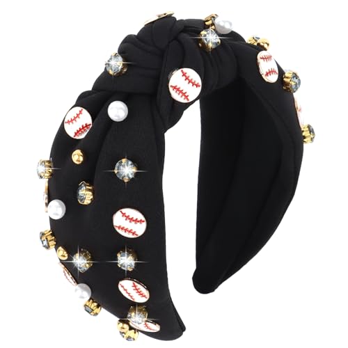 YARIEW Wide Knotted Jeweled Baseball Headband for Women Girls - Top Knot Sports Accessories for Game Day, Fan Mom, Halloween Gifts (Black)