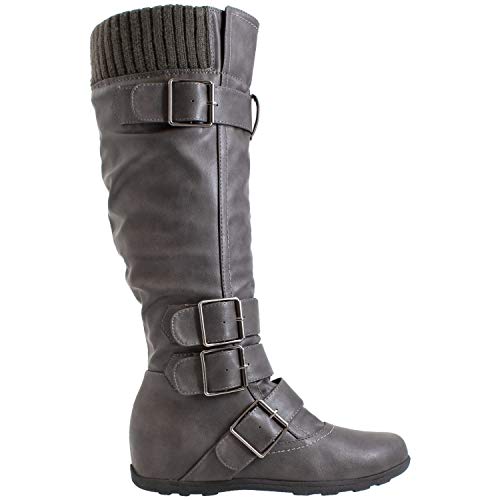 Generation Y Women's Knee High Mid Calf Flats Boots Sweater Knitted Cuff Buckles Wedge Rubber Sole Gray Pu Size 11 #TOP1