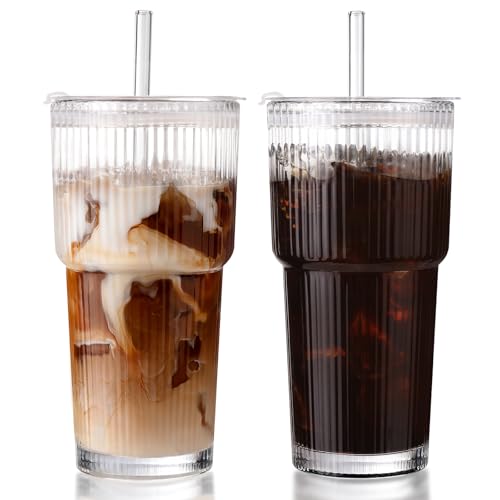 DWTS DANWEITESI Iced Coffee Cups with Lids 2Pcs: Ribbed Glass Tumbler with Straw and Lid 20oz-Vintage Glass Cups with Lids and Straws-Tumbler Leak Proof Aesthetic Drinking for Coffee Bar Accessories