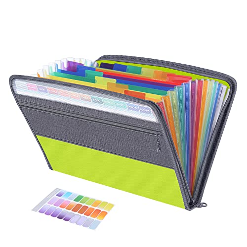 Expanding File Organisers,13 Pockets Document Organiser Box Files, Rainbow Filing Folder, Fun Storage Accordian A4 Folders, Portable Files Wallets Plastic Documents Paperwork Boxes with Zip (Green)