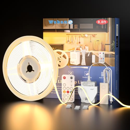 WOBANE 3m LED Strip Light Dimmable,960 LEDs,CRI90+,Super Bright 12V COB Dotless Tape Lights with Remote,Warm White Under Cabinet Lighting for Kitchen,Desk,Shelf,DIY Decor,1500 Lumen,3000K