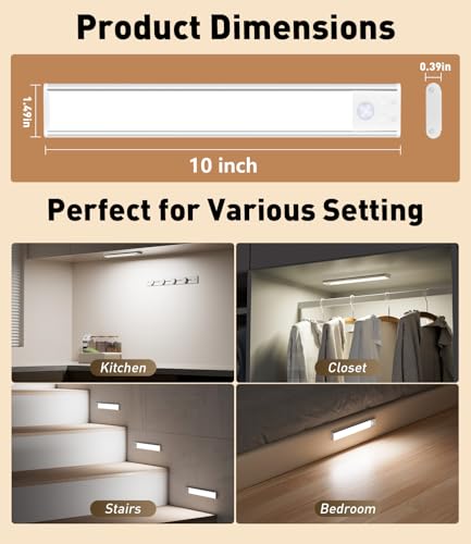 Image of SZOKLED 68-LED Motion Sensor Light Indoor, 10inch Closet Lights Rechargeable, Dimmable Under Cabinet Lighting for Kitchen, Stair, Wardrobe, Pantry, 4Pack