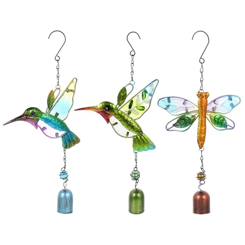 Image of DECHOUS 3pcs Handcrafted Metal Kingfisher Wind Chimes with Painted Glass Bells Animal Garden Hanging Decor for Balcony and Outdoor Patio Lightweight Creative Wind Bell Green Blue Dragonfly