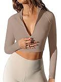 LASLULU Womens Full Zipper Workout Shirts Long Sleeve Crop Tops Gym Sports Tops Pullover Sweatshirts Athletic Jacket(Khaki X-Large)