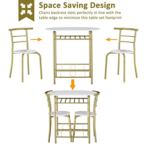 Image of VECELO 3 Piece Small Round Dining Table Set for Kitchen Breakfast Nook, Wood Grain Tabletop with Wine Storage Rack, Save Space, 31.5 inch, White and Gold