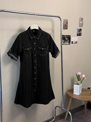 Image of chouyatou Women's Summer Short Sleeve Denim Shirt Dress Business Casual Button Down Midi Long Jean Dress