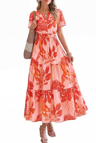 Image of BTFBM Womens Summer Floral Maxi Dresses V Neck Short Sleeve Boho Casual Flowy Long Wedding Guest Dress Beach Vacation