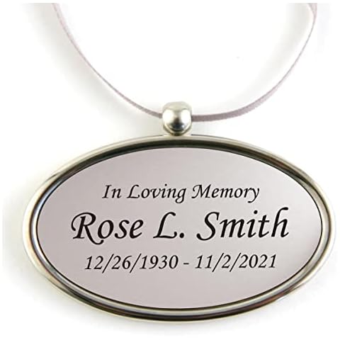 Hanging Silver Oval Personalized Pendant for Cremation Urns That Can’t Be Engraved - Includes Silver Satin Ribbon - Made of Solid Brass - Silver Tone Finish with Black Engraving Cover