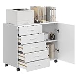VASAGLE Cassettiera da Ufficio a 5 Cassetti, 2 Ripiani con Anta, Mobile con Ruote per Documenti, Mobiletto Porta Stampante, Guide per Cassetti senza Viti, Studio, Bianco Nuvola OFC092WB02