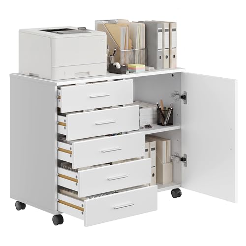 VASAGLE Cassettiera da Ufficio a 5 Cassetti, 2 Ripiani con Anta, Mobile con Ruote per Documenti, Mobiletto Porta Stampante, Guide per Cassetti senza Viti, Studio, Bianco Nuvola OFC092WB02