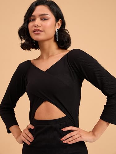 Image of barcino Black Rib Side Slit Wrap Neck Cut-Out Midi Dress