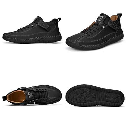 Image of Men'S Hand Stitching Leather Chukka Ankle Boots with Adjustable Elastic Band Casual Slip-On Non-Slip Walking Loafers Retro High Top Flat Shoes
