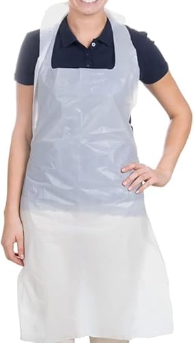 Brockly Tech Pack of 100 Disposable White Polythene Aprons – Lightweight, Waterproof Plastic Aprons for Hygiene, Catering, Cleaning & Food Handling (100, White)