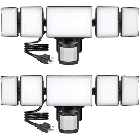 Olafus 100W LED Security Light Motion Sensor Outdoor Light Plug in, 2 Pack Motion Flood Light Dusk to Dawn, 10000LM 5 Heads IP65 Waterproof Exterior Motion Detector Floodlights for Garage Yard, Black Cover