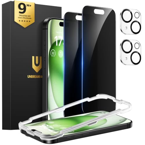 UNBREAKcable iPhone 15 Plus Privacy Screen Protector 2-Pack Upgraded Dual-Tempered Glass + 2 Camera Lens Protectors 25 Anti-Spy Military-Grade 9H+ HD Clear Anti-Fingerprint 6.7 Inch