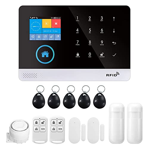 WIFI GSM Home Alarm Security System, 2.4in LCD Wireless DIY Smart Home Burglar Security Alarm System 10 Piece Kit, Compatible with Alexa Google Home Voice Control