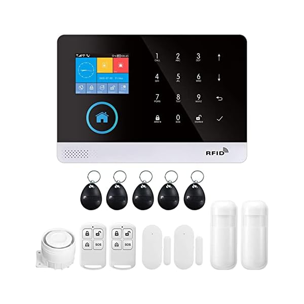 WIFI GSM Home Alarm Security System, 2.4in LCD Wireless DIY Smart Home Burglar Security Alarm System 10 Piece Kit, Compatible with Alexa Google Home Voice Control