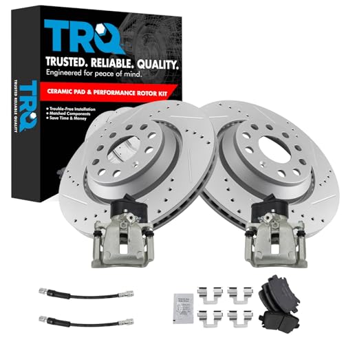 TRQ Performance Rear Brake Pad and Rotor Set Ceramic Slotted Drilled Coated Rotors Calipers Compatible with 2010 2016 Volkswagen CC 2010 Passat