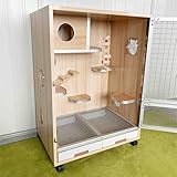 Cage en bois pour petits animaux, 80 cm, cage à chinchilla en bois, plate-forme de saut anti-morsure, avec plateau et roulettes pour furet, chinchilla, lapin, rongeur, écureuil (60 x 40 x 80 cm)