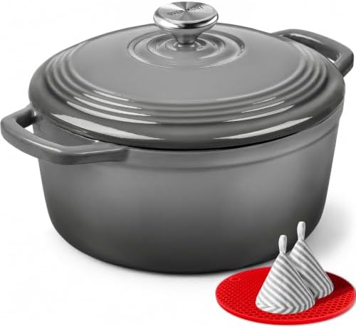 Overmont Bräter Emaille Gusseisen Topf - Schmortopf 26cm backofengeeignet - mit Deckel und Kochbuch - für Küche Backen Schmoren Braten Grau