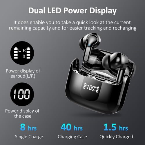 Image of Wireless Earbuds, 2026 Bluetooth 5.4 Headphones NEW Ear Buds 40H Bass Stereo in-Ear Earphones ENC Noise Cancelling Earbuds with 4 HD Mic, USB-C LED Display IP7 Waterproof Sport Headset for Android iOS
