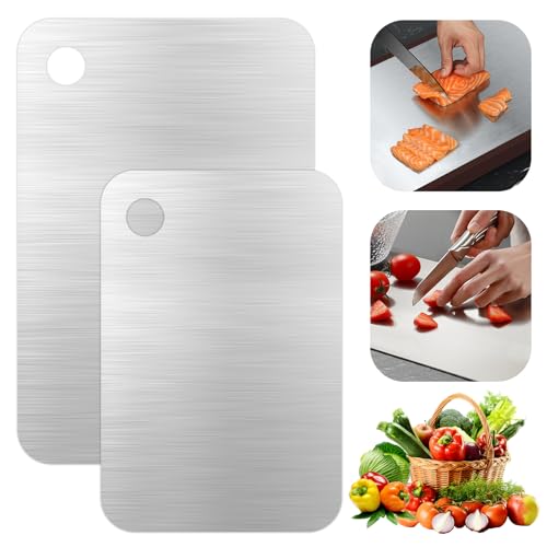 2 taglieri in acciaio inossidabile, a doppia faccia, in acciaio inossidabile, taglieri da cucina con foro rotondo per appendere, lavabili in lavastoviglie, per carne, frutta, verdura