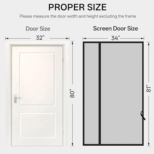 Sunolga Magnetic Screen Door Fits Door Size 32 x 80 Inch, Actual Screen Size 34 x 81 Inch, Reversible Left Right Side Opening, Sturdy Polyester Mesh Curtain Hands Free for Patio, Sliding Door, Black