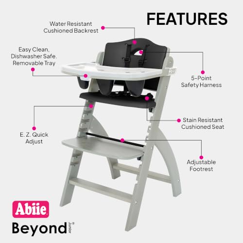 Image of Abiie Beyond Junior Wooden High Chair for Babies and Toddlers - Convertible 3-in-1 Baby Highchair with Removable Tray - 6 Months to 250 Lb - Water Resistant - Misty Grey Wood /Black Pearl Cushion
