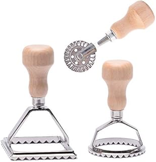 MASTER FENG Ravioli Stamp Maker Cutter, Mold with Wooden Handle and Fluted Edge Pasta Press Kitchen Attachment with Pastry Cutter Wheel - 3 Set