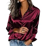 Blusen & Tuniken Für Damen,Satinblusen Für Damen, Lässig, Einfarbig, Langärmelig, Mit Knopfleiste, Seidenblusen, Leicht, Elegant, Business-Tunika, Elegante Frühlings- Und Herbstoutfits, Bordeau
