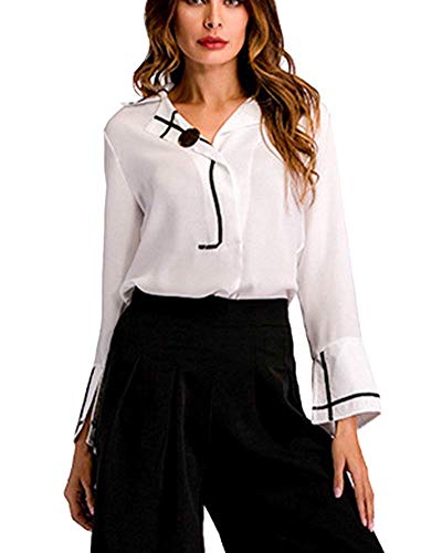 Las Señoras Otoño Gasa Camisa Tops En Sólido Color con Solapa Vintage Manga Larga Lado Raja Blusa...