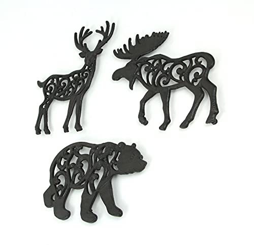 Set Of 3 Black Cast Iron Lodge Design Wild Animal Western Kitchen Décor Trivets Decorative Wall Hanging Art Deer Moose Bear 9 Inches #TOP1