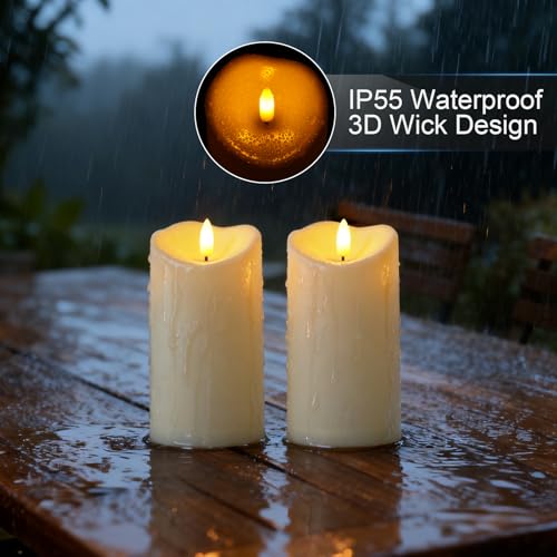 Image of Raycare 6 inchx3 inch Outdoor Waterproof Flameless Candles with Remote and Timer, Battery Operated LED Electric Fake Pillar Candle for Christmas Home Wedding Decor, Dark Ivory, Set of 2