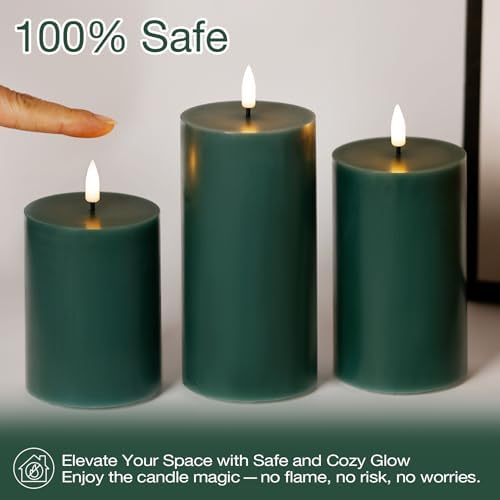 Eywamage Green Flameless Pillar Candles with Remote, Flickering Battery Powered LED Wax Candles Φ 3" H 4" 5" 6"