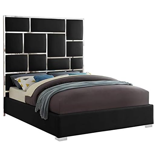 Meridian Furniture Milan Collection Modern | Contemporary Faux Leather Upholstered Bed with Custom Chrome Metal Legs and Geometric Designed Headboard, King, Black