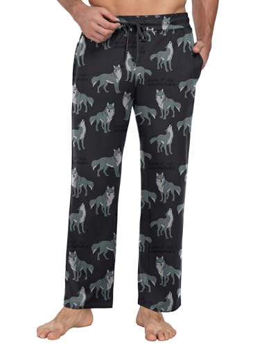 PrinStory Pantalon de pyjama pour homme avec poches et taille élastique, Grand loup, L