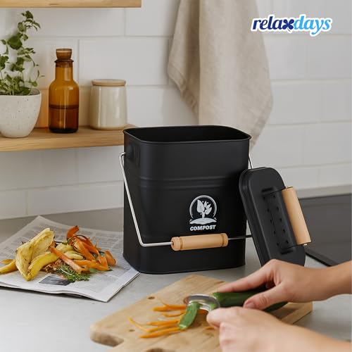 Relaxdays Komposteimer Küche, 3,5 Liter, 2 Aktivkohlefilter, Deckel, Henkel, Eisen & Holz, Biomüllbehälter, schwarz