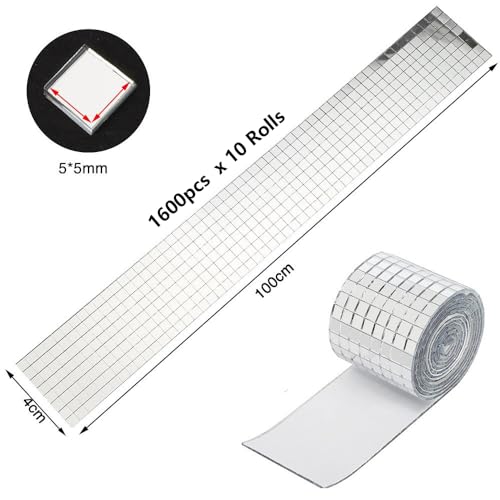 WOOLUCK® 10 Rollen 16000 Stücke selbstklebend mini Spiegel,Mosaik Spiegelfliesen Aufkleber Glas 5 x 5 mm für Discokugel Basteln,DIY Küche Badezimmer KTV