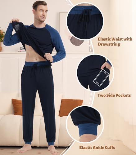 Image of NACHILA Mens Pajamas Set Long Sleeve Henley Sleepwear Top Soft Jogger Pants Pajamas Cool Pjs Set,Viscose Made from Bamboo